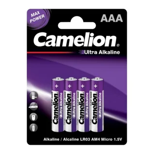 باتری نیم قلمی کملیون مدل Ultra Alkaline LR03 AM4 1.5V AAA بسته 4 عددی